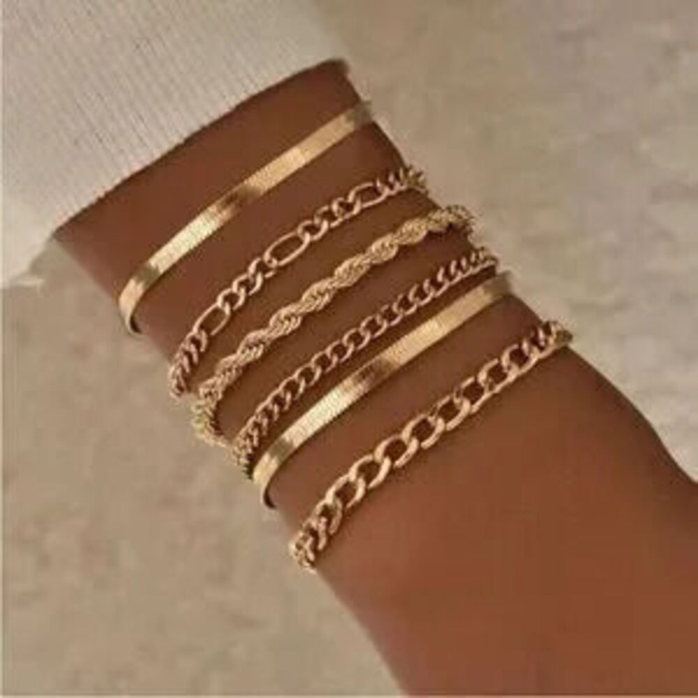 Gold 6pc Layered Chain Bracelet Set